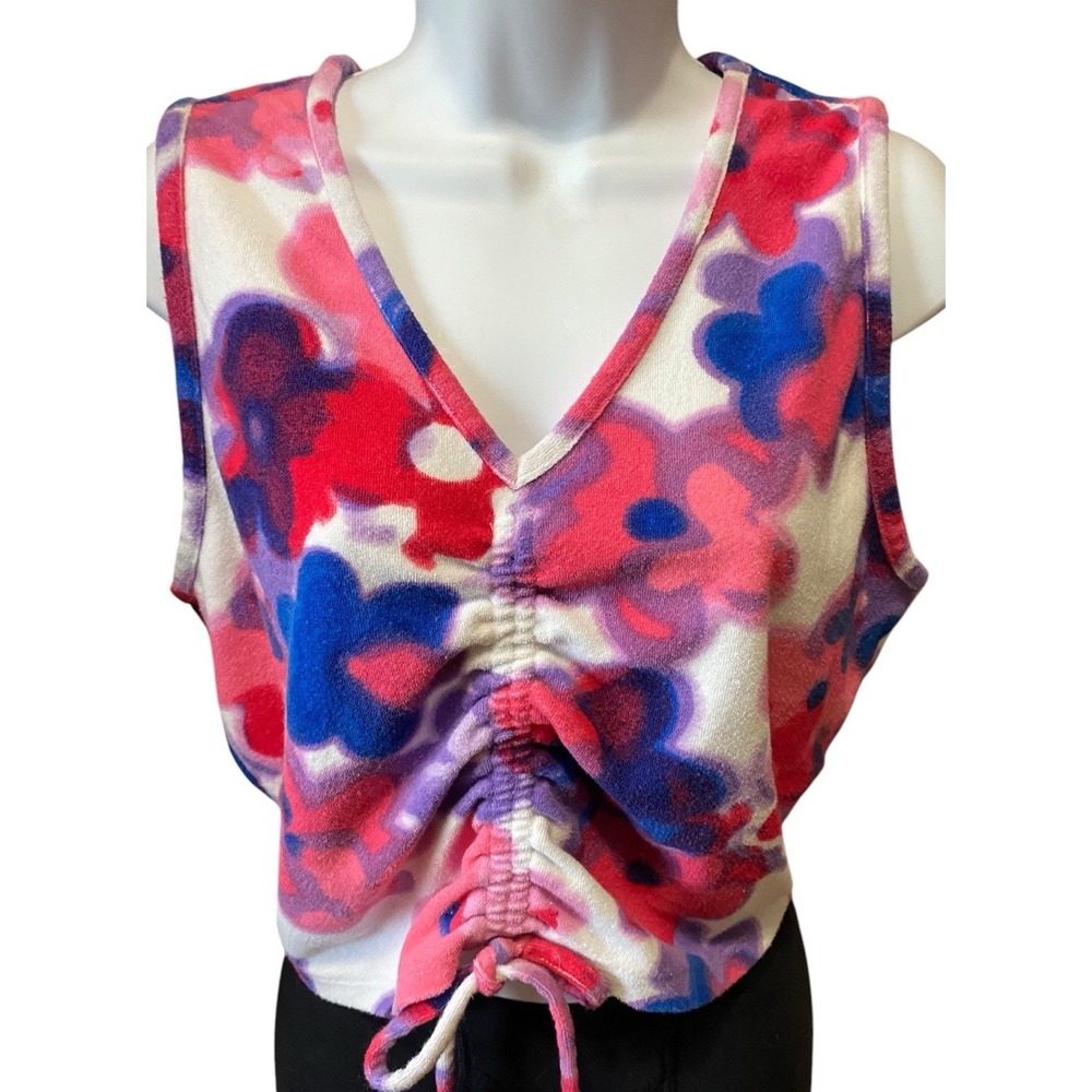 Juicy Couture Crop Top Women L Ruched Babydoll Pink Floral French Terry Y2K